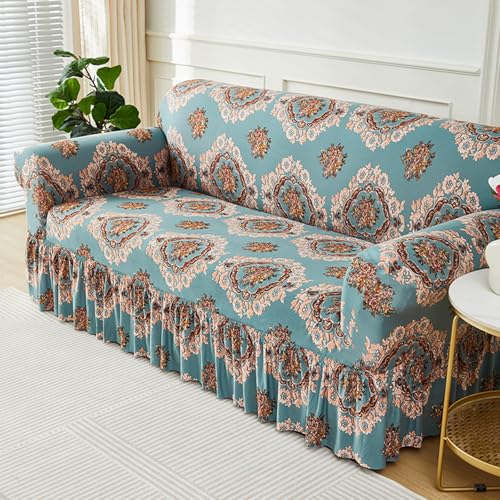 Hiseng Stretch Sofa Überzug Mit Saum, Retro-Blume Muster Sofabezug 1-4 Sitzer Couch Überzug Waschbar Universal Sofa Cover Sofaschoner für Haustiere Und Kind (Blau Cafe,3-Sitzer) von Hiseng