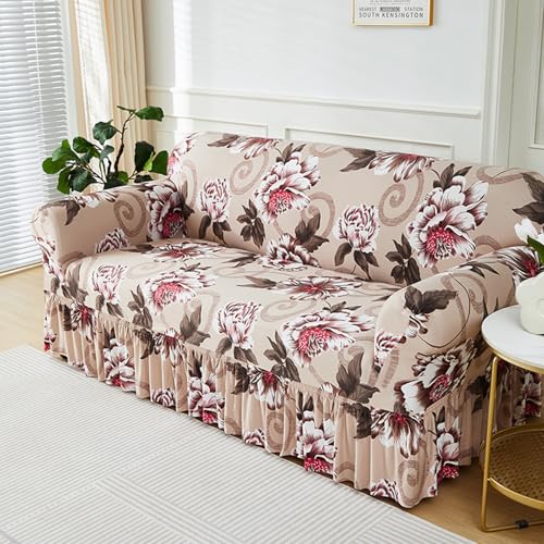 Hiseng Stretch Sofa Überzug Mit Saum, Retro-Blume Muster Sofabezug 1-4 Sitzer Couch Überzug Waschbar Universal Sofa Cover Sofaschoner für Haustiere Und Kind (Rosa Cafe,3-Sitzer) von Hiseng