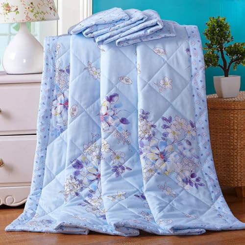 Hiseng Tagesdecke, Blumendruck Bettdecke 2.5 Tog, Bettüberwurf, Mikrofaser Tagesdecken Weich Steppdecke, 2025 Leichte Sommerdecke, für Doppelbett Einzelbett (Lila Blätter und blau,90 * 140cm) von Hiseng