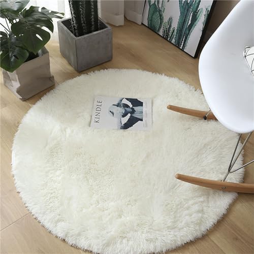 Hiseng Teppich Rund Flauschiger Waschbar, Hochflor Plüsch Weicher Teppich Wohnzimmer Teppich Modern für Innen Wohnzimmer Flur Läufer (100cm,Weiß) von Hiseng
