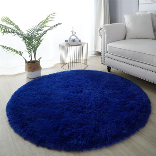 Hiseng Teppich Rund Flauschiger Waschbar, Hochflor Plüsch Weicher Teppich Wohnzimmer Teppich Modern für Wohnzimmer Kinderzimmer Schlafzimmer (160cm,Marineblau) von Hiseng