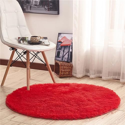 Hiseng Teppich Rund Flauschiger Waschbar, Hochflor Plüsch Weicher Teppich Wohnzimmer Teppich Modern für Wohnzimmer Kinderzimmer Schlafzimmer (60cm,Rot) von Hiseng