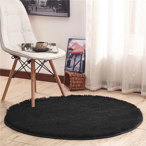 Hiseng Teppich Rund Flauschiger Waschbar, Hochflor Plüsch Weicher Teppich Wohnzimmer Teppich Modern für Wohnzimmer Kinderzimmer Schlafzimmer (80cm,Schwarz) von Hiseng