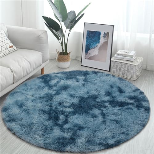 Hiseng Teppich Rund Flauschiger Waschbar, Hochflor Plüsch Weicher Teppich Wohnzimmer Teppich Modern für Wohnzimmer Kinderzimmer Schlafzimmer Flur Läufer Teppich Innen (140cm,Dunkelblau) von Hiseng