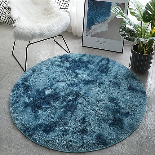 Hiseng Teppich Rund Flauschiger Waschbar, Tie-dye Plüsch Weicher Teppich Wohnzimmer Teppich Modern für Wohnzimmer Kinderzimmer Schlafzimmer (80x80,Dunkelblau) von Hiseng