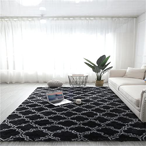 Hiseng Teppich Wohnzimmerteppich Langflor Weich Flauschig Teppiche Anti-Rutsch-Shaggy-Bereich Esszimmer Home Innenbereich Schlafzimmer Bodenmatte Heimdekoration (100x160cm,Schwarz) von Hiseng