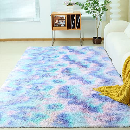 Hiseng Teppich Wohnzimmerteppich Langflor Weich Flauschig Teppiche Anti-Rutsch-Shaggy-Bereich Esszimmer Home Innenbereich Schlafzimmer Bodenmatte Heimdekoration (120x160CM,Blau-violett) von Hiseng