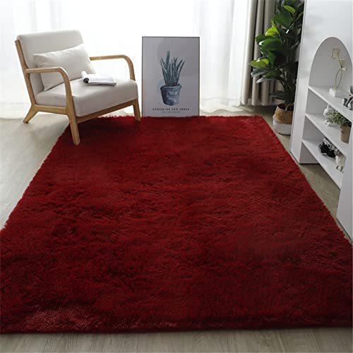 Hiseng Teppich Wohnzimmerteppich Langflor Weich Flauschig Teppiche Anti-Rutsch-Shaggy-Bereich Esszimmer Home Innenbereich Schlafzimmer Bodenmatte Heimdekoration (120x200cm,Burgundisch) von Hiseng