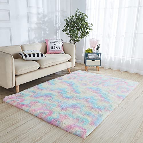 Hiseng Teppich Wohnzimmerteppich Langflor Weich Flauschig Teppiche Anti-Rutsch-Shaggy-Bereich Esszimmer Home Innenbereich Schlafzimmer Bodenmatte Heimdekoration (40x60CM,Regenbogen) von Hiseng