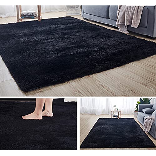Hiseng Teppich Wohnzimmerteppich Langflor Weich Flauschig Teppiche Anti-Rutsch-Shaggy-Bereich Esszimmer Home Innenbereich Schlafzimmer Bodenmatte Heimdekoration (schwarz,100x160cm) von Hiseng