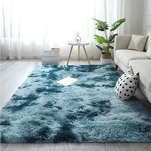 Hiseng Tie-dye Teppich Wohnzimmerteppich Langflor Weich Flauschig Teppiche Anti-Rutsch-Shaggy-Bereich für Wohnzimmer flauschig Shaggy Schlafzimmer Bettvorleger (160x200cm,Türkis) von Hiseng
