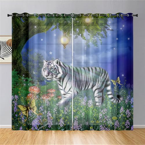 Hiseng Tiger Voile Vorhänge mit Ösen Durchsichtig Halbtransparent Ösenvorhang für Fenster Wohnzimmer Schlafzimmer Moderne und Elegante Transparent Gardine 2er Set (weißer Tiger,132x160cm) von Hiseng