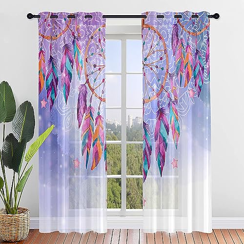 Hiseng Traumfänger Voile Vorhänge mit Ösen Durchsichtig Halbtransparent Ösenvorhang für Fenster Wohnzimmer Schlafzimmer Moderne Transparent Gardine 2er Set (140x244cm,Lila Mandala) von Hiseng