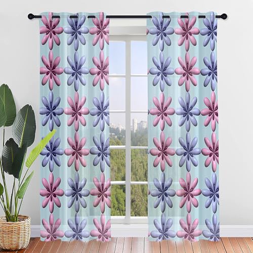 Hiseng Voile Gardinen mit Ösen, Durchsichtig Halbtransparent Vorhänge für Fenster Wohnzimmer Schlafzimmer, Moderne und Elegante Transparent Vorhang, Gardine 2er Set (3D-Gänseblümchen,132x182cm) von Hiseng