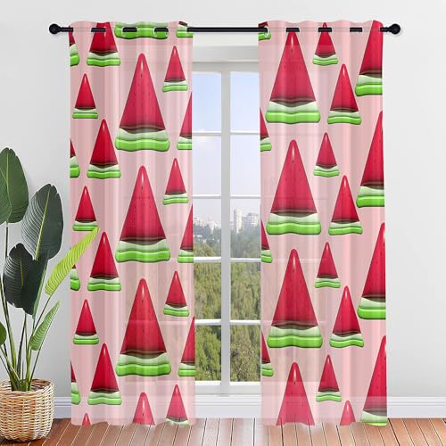 Hiseng Voile Gardinen mit Ösen, Durchsichtig Halbtransparent Vorhänge für Fenster Wohnzimmer Schlafzimmer, Moderne und Elegante Transparent Vorhang, Gardine 2er Set (3D-Wassermelone,132x244cm) von Hiseng