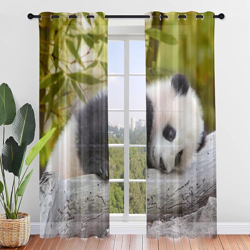Hiseng Voile Gardinen mit Ösen, Durchsichtig Halbtransparent Vorhänge für Fenster Wohnzimmer Schlafzimmer, Moderne und Elegante Transparent Vorhang, Gardine 2er Set (Cute Panda,140x275cm) von Hiseng