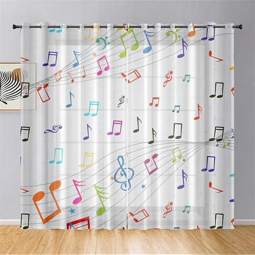 Hiseng Voile Gardinen mit Ösen, Durchsichtig Halbtransparent Vorhänge für Fenster Wohnzimmer Schlafzimmer, Moderne und Elegante Transparent Vorhang, Gardine 2er Set (Farbenfrohe Musik,132x213cm) von Hiseng