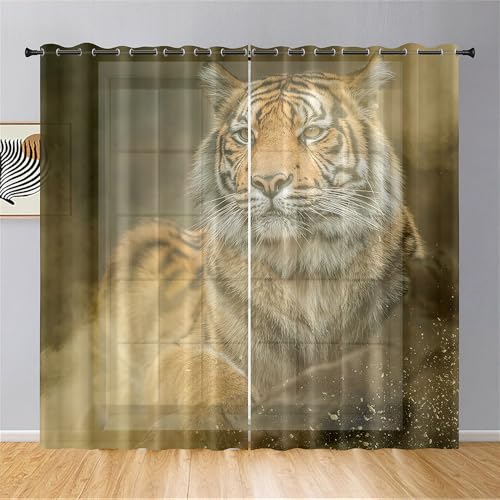 Hiseng Voile Gardinen mit Ösen, Durchsichtig Halbtransparent Vorhänge für Fenster Wohnzimmer Schlafzimmer, Moderne und Elegante Transparent Vorhang, Gardine 2er Set (Tiger 1,132x244cm) von Hiseng