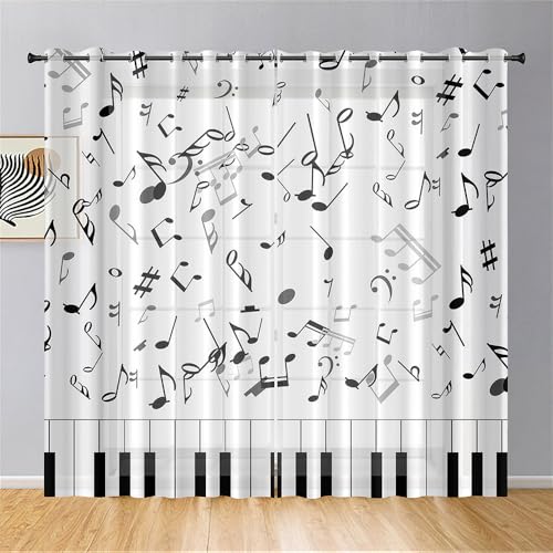 Hiseng Voile Gardinen mit Ösen, Durchsichtig Halbtransparent Vorhänge für Fenster Wohnzimmer Schlafzimmer, Moderne und Elegante Transparent Vorhang, Gardine 2er Set (Weiße Noten,140x160cm) von Hiseng