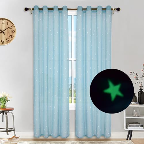 Hiseng Voile Gardinen mit Ösen Leuchtsterne Muster Voile Vorhänge Durchsichtig Halbtransparent Vorhänge Elegant Fenstervorhänge 2er Set für Fenster Wohnzimmer Schlafzimmer (Blau,132x213cm) von Hiseng
