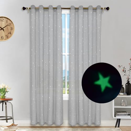 Hiseng Voile Gardinen mit Ösen Leuchtsterne Muster Voile Vorhänge Durchsichtig Halbtransparent Vorhänge Elegant Fenstervorhänge 2er Set für Fenster Wohnzimmer Schlafzimmer (Grau,132x213cm) von Hiseng