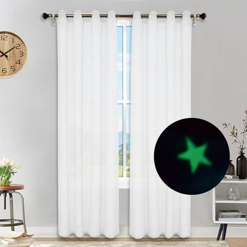 Hiseng Voile Gardinen mit Ösen Leuchtsterne Muster Voile Vorhänge Durchsichtig Halbtransparent Vorhänge Elegant Fenstervorhänge 2er Set für Fenster Wohnzimmer Schlafzimmer (Weiß,132x243cm) von Hiseng