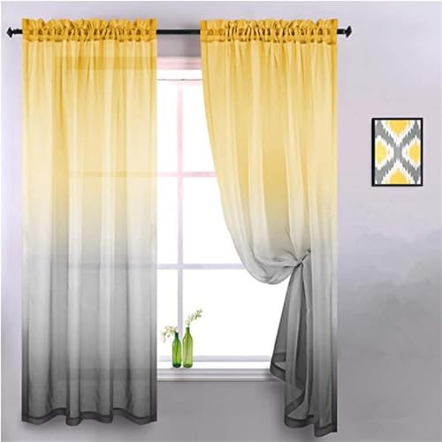 Hiseng Voile Vorhänge Durchsichtig Halbtransparent für Fenster Wohnzimmer Schlafzimmer Moderne Elegante Transparent Gardine 2er Set -Farbverlauf Regenbogen (Gelb Grau,132x243cm) von Hiseng