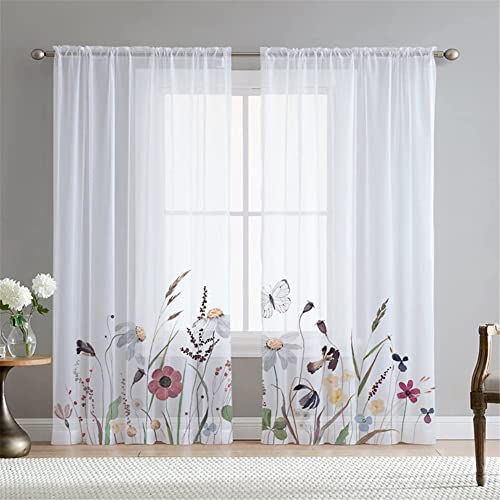 Hiseng Voile Vorhänge Wohnzimemr Transparent Gardinen Vorhang Halbtransparent für Fenster Wohnzimmer Schlafzimmer Moderne Elegante Transparent Gardine 2er Set (108x137cm,Blumenstrauch B) von Hiseng