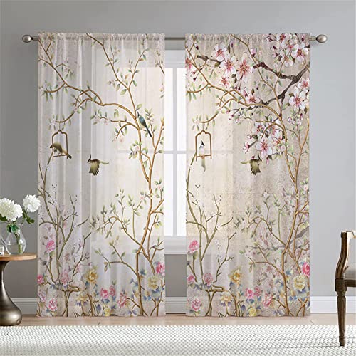 Hiseng Voile Vorhänge Wohnzimemr Transparent Gardinen Vorhang Halbtransparent für Fenster Wohnzimmer Schlafzimmer Moderne Elegante Transparent Gardine 2er Set (108x137cm,Blumenstrauch C) von Hiseng