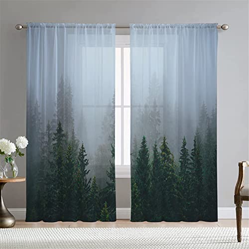 Hiseng Voile Vorhänge Wohnzimemr Transparent Gardinen Vorhang Halbtransparent für Fenster Wohnzimmer Schlafzimmer Moderne Elegante Transparent Gardine 2er Set (108x137cm,Fantasie-Wälder) von Hiseng