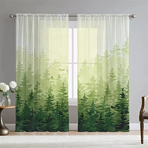 Hiseng Voile Vorhänge Wohnzimemr Transparent Gardinen Vorhang Halbtransparent für Fenster Wohnzimmer Schlafzimmer Moderne Elegante Transparent Gardine 2er Set (108x160cm,Wälder grün) von Hiseng