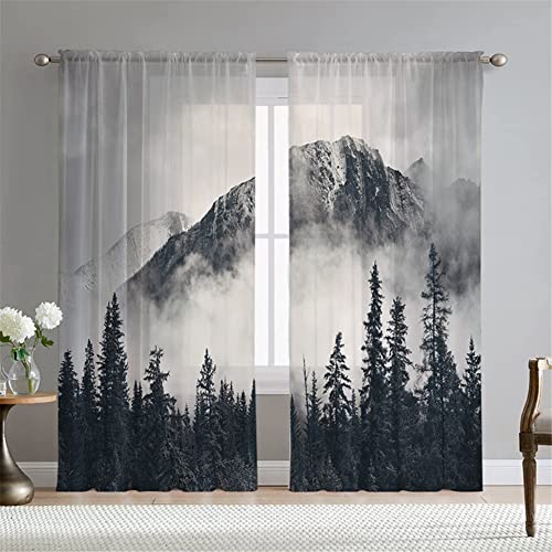 Hiseng Voile Vorhänge Wohnzimemr Transparent Gardinen Vorhang Halbtransparent für Fenster Wohnzimmer Schlafzimmer Moderne Elegante Transparent Gardine 2er Set (132x245cm,Nebliger Dschungel) von Hiseng