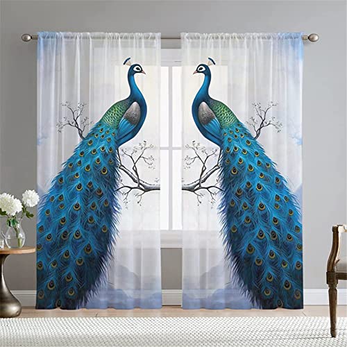 Hiseng Voile Vorhänge Wohnzimemr Transparent Gardinen Vorhang Halbtransparent für Fenster Wohnzimmer Schlafzimmer Moderne und Elegante Transparent Gardine 2er Set (132x137cm,Blaues Pfau B) von Hiseng