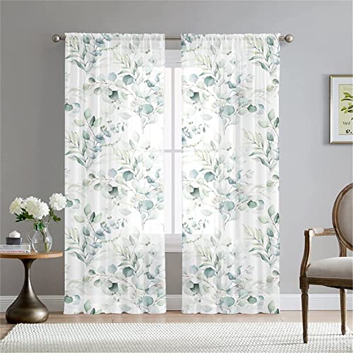 Hiseng Voile Vorhänge Wohnzimemr Transparent Gardinen Vorhang Halbtransparent für Fenster Wohnzimmer Schlafzimmer Moderne und Elegante Transparent Gardine 2er Set (132x182cm,Eukalyptus) von Hiseng