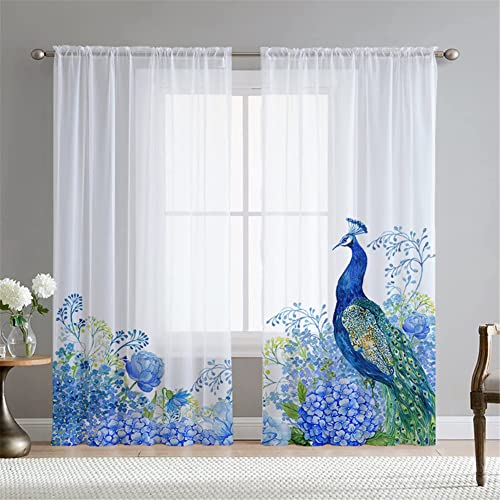 Hiseng Voile Vorhänge Wohnzimemr Transparent Gardinen Vorhang Halbtransparent für Fenster Wohnzimmer Schlafzimmer Moderne und Elegante Transparent Gardine 2er Set (132x215cm,Blauer Pfau A) von Hiseng