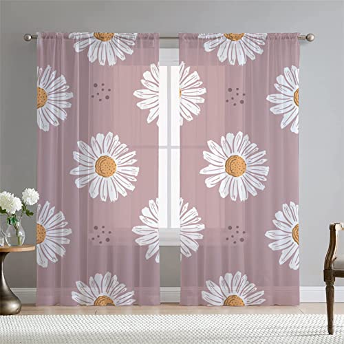 Hiseng Voile Vorhänge Wohnzimemr Transparent Gardinen Vorhang Halbtransparent für Fenster Wohnzimmer Schlafzimmer Moderne und Elegante Transparent Gardine 2er Set (132x230cm,Rosa Gänseblümchen) von Hiseng