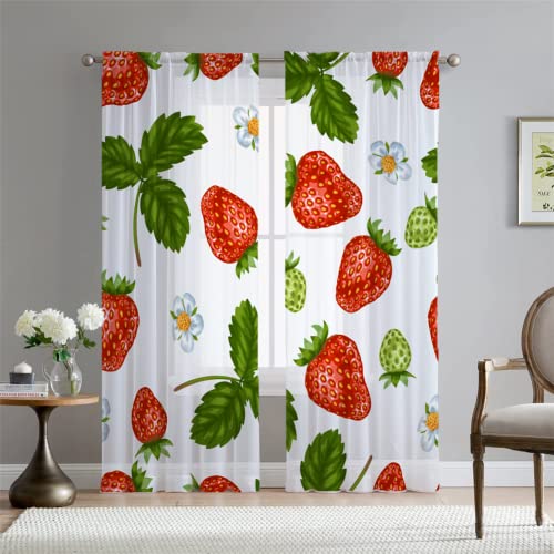 Hiseng Voile Vorhänge Wohnzimemr Transparent Gardinen Vorhang Halbtransparent für Fenster Wohnzimmer Schlafzimmer Moderne und Elegante Transparent Gardine 2er Set (132x245cm,Erdbeere) von Hiseng