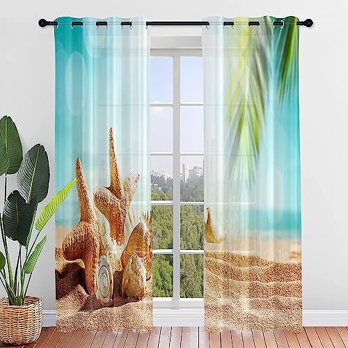 Hiseng Voile Vorhänge mit Ösen, Gardinen Halbtransparent 2er Set, Vorhang Gardinenschals Ösenschal Gardinen Wohnzimmer 3D-Meereslandschaftsdruck Curtains mit Schlaufen (107x213cm,Strand) von Hiseng