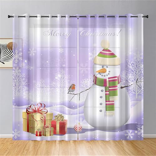 Hiseng Voile Vorhänge mit Ösen, Gardinen Halbtransparent 2er Set, Vorhang Gardinenschals Ösenschal Gardinen Wohnzimmer 3D-Weihnachtsdruck Curtains mit Schlaufen (140x244cm,lila Schnee) von Hiseng