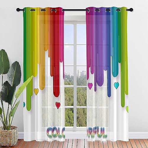 Hiseng Voile Vorhänge mit Ösen, Gardinen Halbtransparent 2er Set, Vorhang Gardinenschals Ösenschal Gardinen Wohnzimmer Moderner Regenbogenstreifen Curtains mit Schlaufen (140x213cm,bunt) von Hiseng