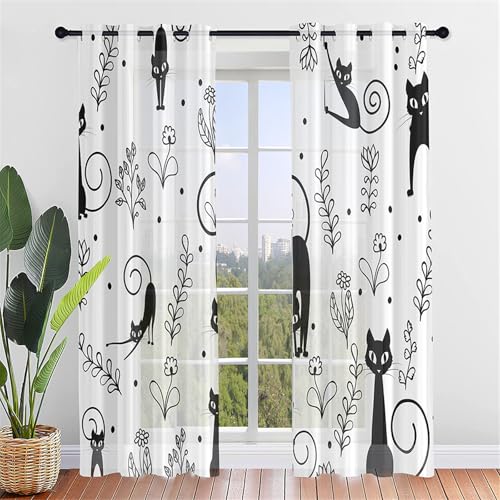 Hiseng Voile Vorhänge mit Ösen 2er Set Moderne Gardinen mit Ösen Süße Katze Druck Transparent Vorhänge Ösenvorhang Halbtransparent für Fenster Wohnzimmer Schlafzimmer (132x160cm,Pflanze) von Hiseng