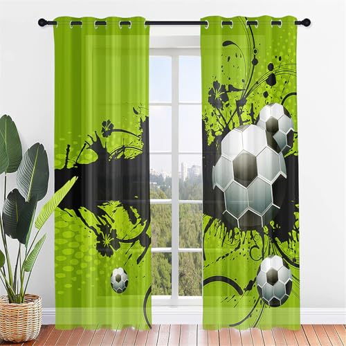 Hiseng Voile Vorhänge mit Ösen 2er Set Scheibengardinen, 3D Graffiti Fußball Druck Durchsichtig Halbtransparent Ösenvorhang für Fenster Wohnzimmer Schlafzimmer Küche (55x95cm,Grün schwarz) von Hiseng