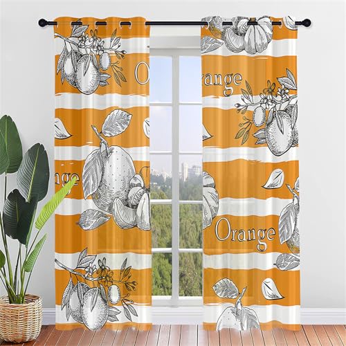 Hiseng Voile Vorhänge mit Ösen 2er Set Scheibengardinen, Elegante 3D Orange Blumen Durchsichtig Halbtransparent Ösenvorhang für Fenster Wohnzimmer Schlafzimmer Küche (132x182cm,Orange Streifen) von Hiseng
