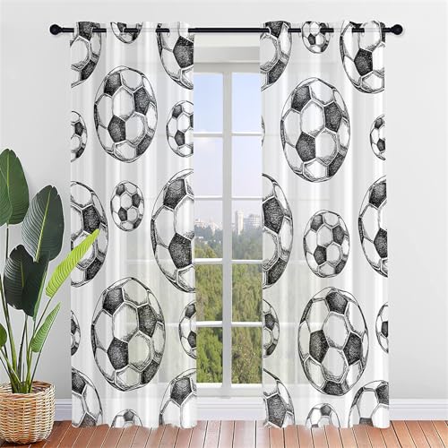 Hiseng Voile Vorhänge mit Ösen 2er Set Scheibengardinen, Elegante Fußballdruck Durchsichtig Halbtransparent Ösenvorhang für Fenster Wohnzimmer Schlafzimmer Küche (140x160cm,Graffiti Fußball) von Hiseng