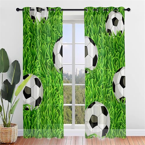 Hiseng Voile Vorhänge mit Ösen 2er Set Scheibengardinen, Elegante Fußballdruck Durchsichtig Halbtransparent Ösenvorhang für Fenster Wohnzimmer Schlafzimmer Küche (140x213cm,Grün Gras) von Hiseng