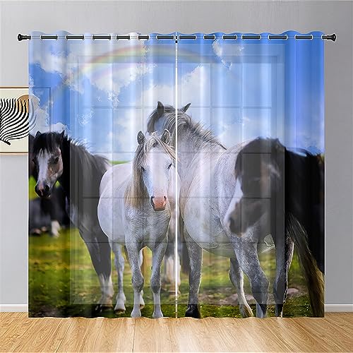 Hiseng Voile Vorhänge mit Ösen Durchsichtig 3D Pferd Muster Halbtransparent 2er Set Ösenvorhang für Fenster Wohnzimmer Schlafzimmer Elegante Transparent Gardine (140x160cm,Stil A) von Hiseng