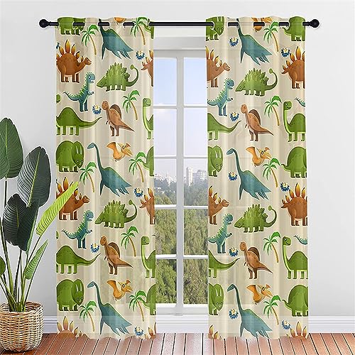 Hiseng Voile Vorhänge mit Ösen Durchsichtig Dinosaurier Druck Halbtransparent Ösenvorhang für Fenster Wohnzimmer Schlafzimmer Moderne Transparent Gardine 2er Set (132x182cm,Beige Dinosaurier) von Hiseng