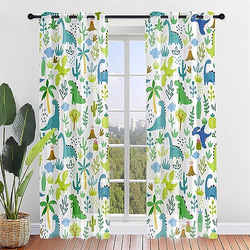 Hiseng Voile Vorhänge mit Ösen Durchsichtig Dinosaurier Druck Halbtransparent Ösenvorhang für Fenster Wohnzimmer Schlafzimmer Moderne Transparent Gardine 2er Set (132x182cm,Grüner Wald) von Hiseng