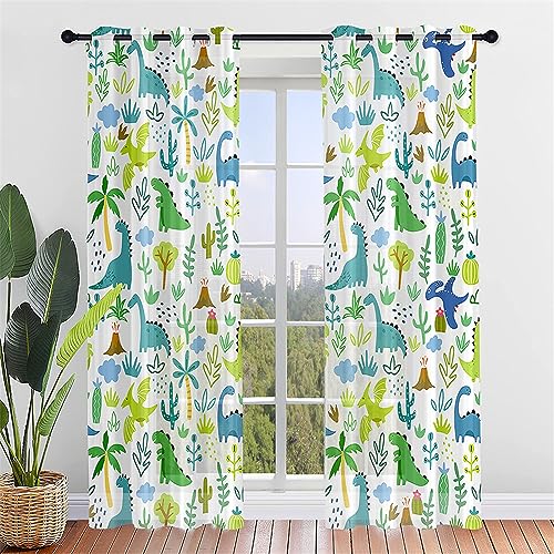 Hiseng Voile Vorhänge mit Ösen Durchsichtig Dinosaurier Druck Halbtransparent Ösenvorhang für Fenster Wohnzimmer Schlafzimmer Moderne Transparent Gardine 2er Set (140x160cm,Grüner Wald) von Hiseng