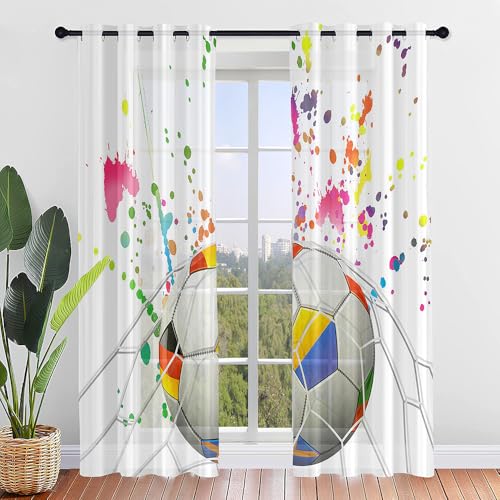 Hiseng Voile Vorhänge mit Ösen Durchsichtig Halbtransparent Ösenvorhang für Fenster Fußball Wohnzimmer Schlafzimmer Moderne Junge Transparent Gardine 2er Set (107x160cm,Aquarell) von Hiseng